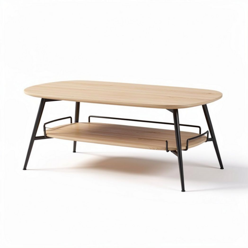 oval wood coffee table with metal frame and lower shelf 120 x 60 x 45cm
