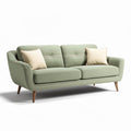 Green fabric two-seater sofa with wooden legs and removable cushions