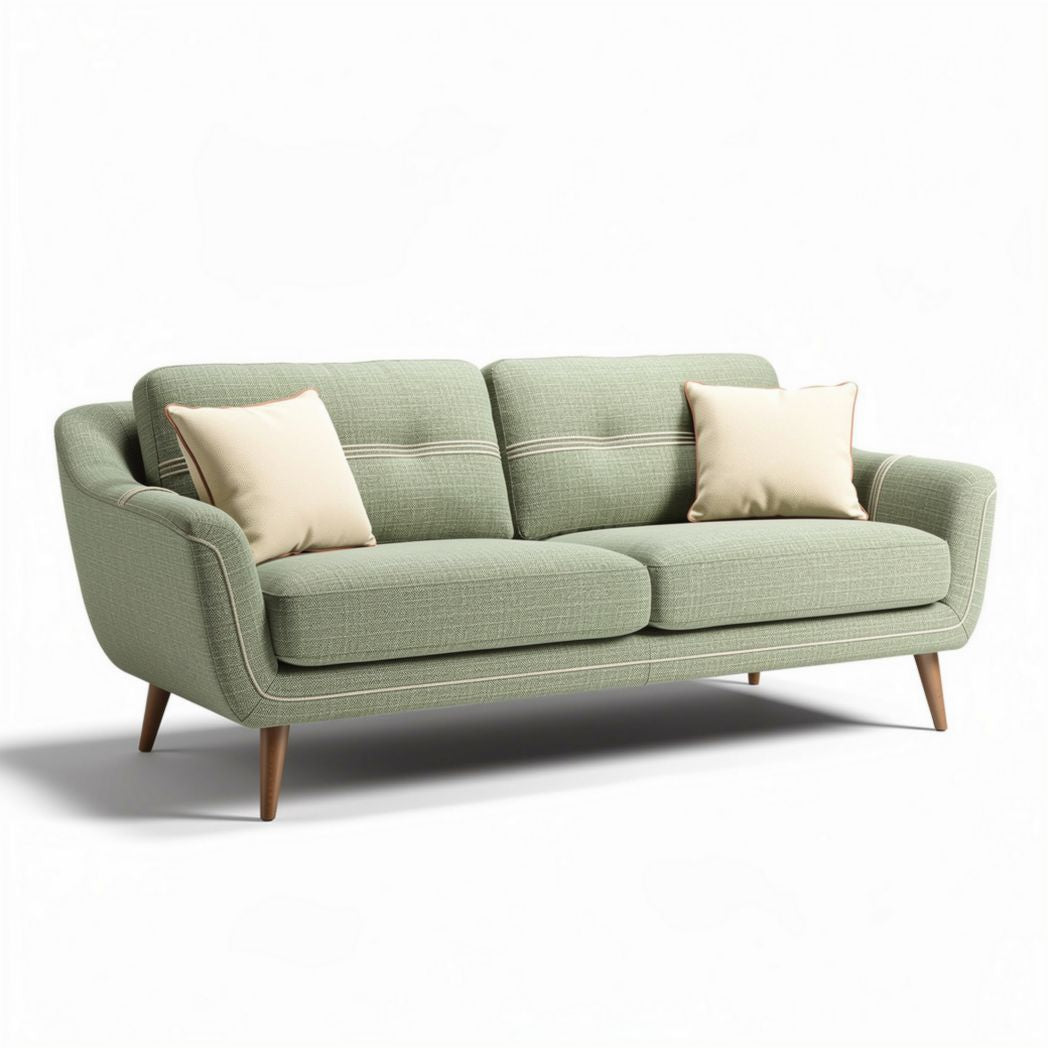 Green fabric two-seater sofa with wooden legs and removable cushions