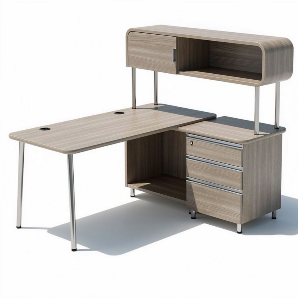 Wooden office desk with open shelf and storage drawers 150 x 75 x 120cm
