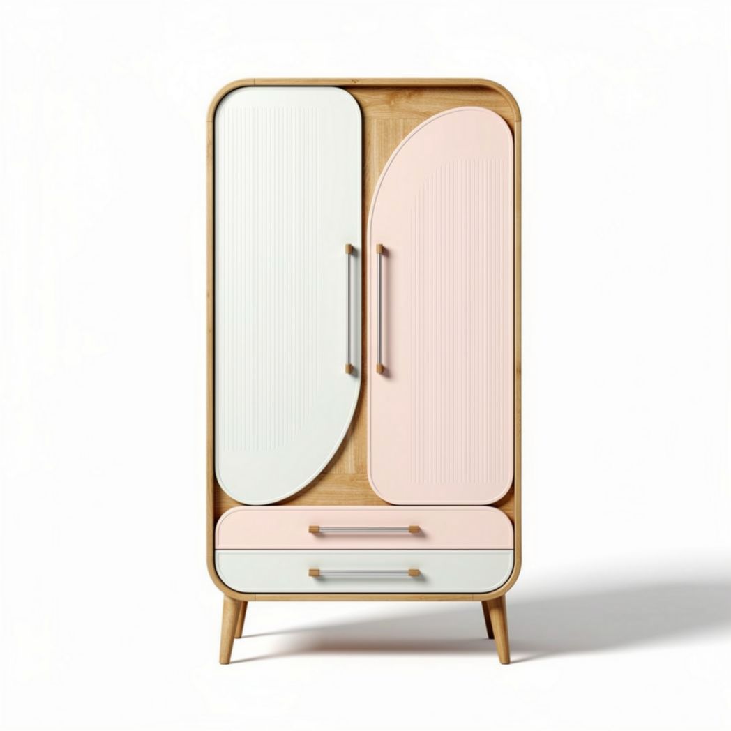 Bamboo wardrobe with curved doors and two drawers in pink and white 80 x 40 x 130cm