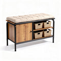 Wood and metal storage bench with cushioned top and three woven baskets 100 x 40 x 45cm