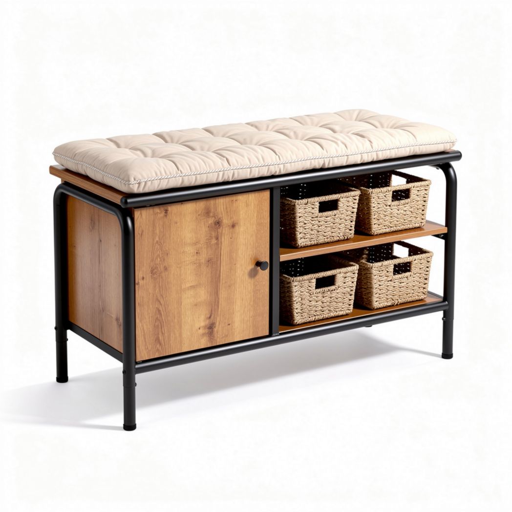 Wood and metal storage bench with cushioned top and three woven baskets 100 x 40 x 45cm