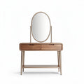 Wooden vanity table with oval mirror and two drawers in walnut finish
