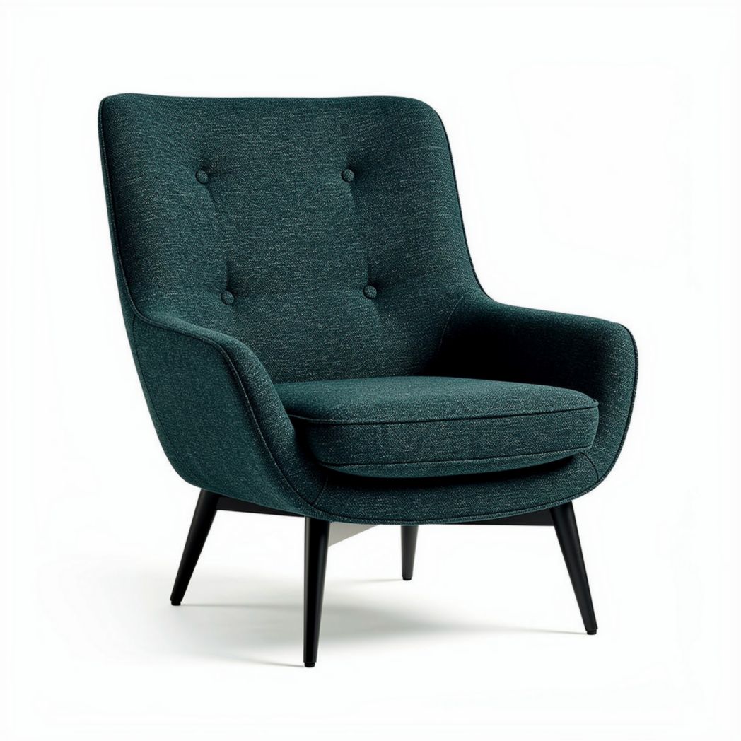 Upholstered lounge chair with button tufting in teal fabric and wood legs
