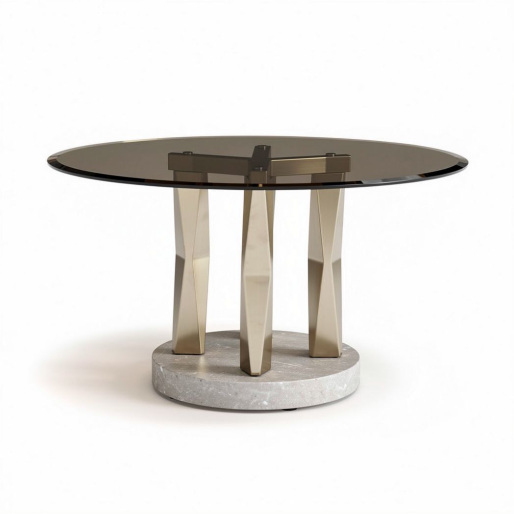 Round glass top dining table with geometric metal base and marble pedestal