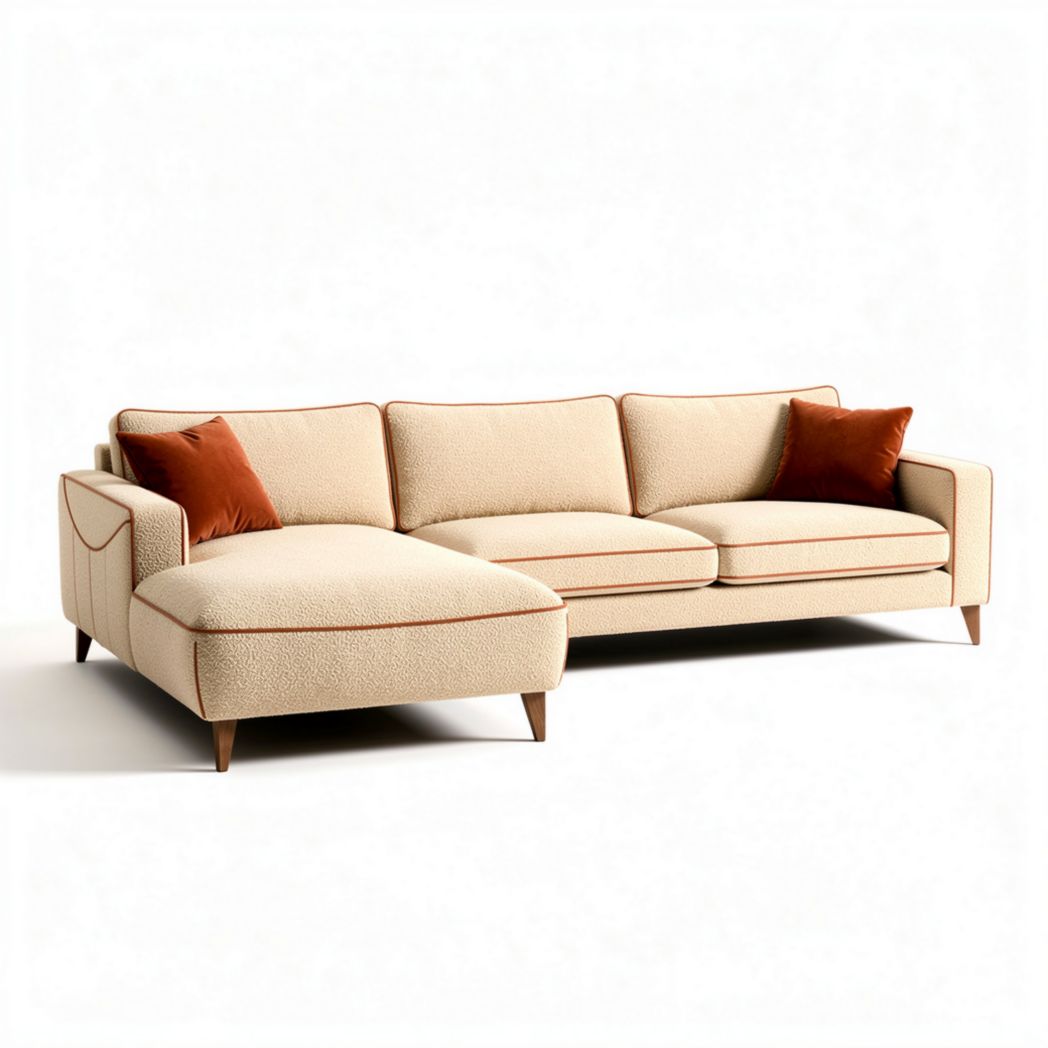 Corner sectional sofa in beige fabric with accent pillows 250 x 100 x 80cm