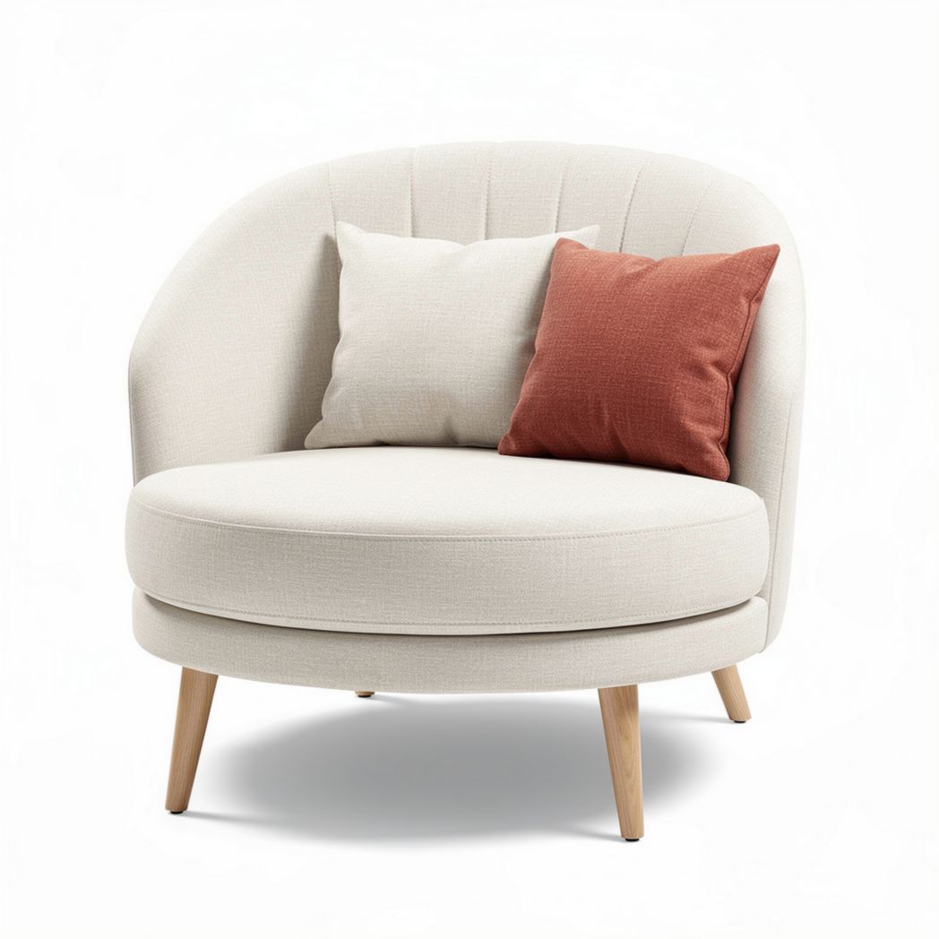 Fabric accent chair with two pillows in cream color and natural wood legs 80 x 80 x 70cm