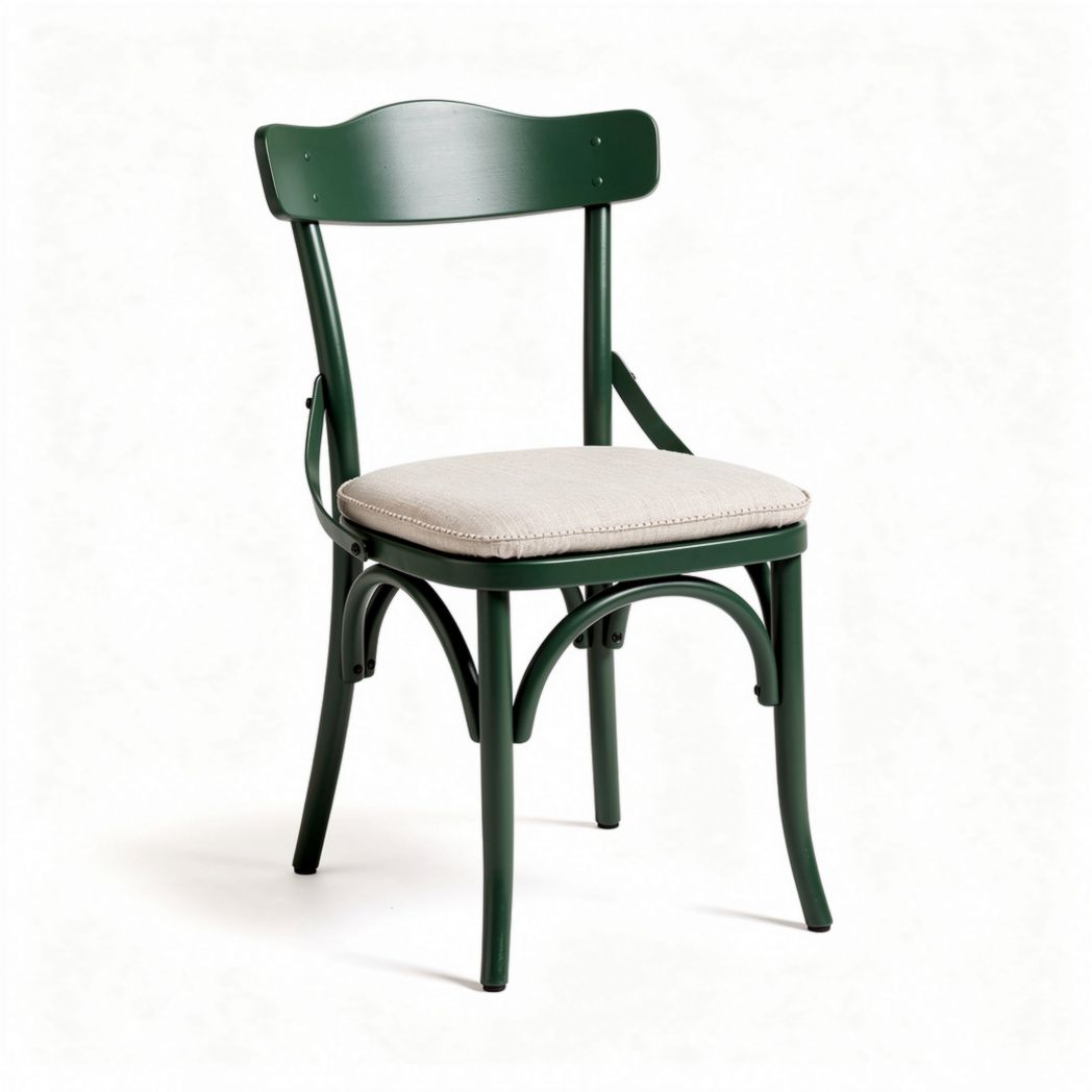 Wooden dining chair with green finish and beige cushion seat 45 x 45 x 85cm